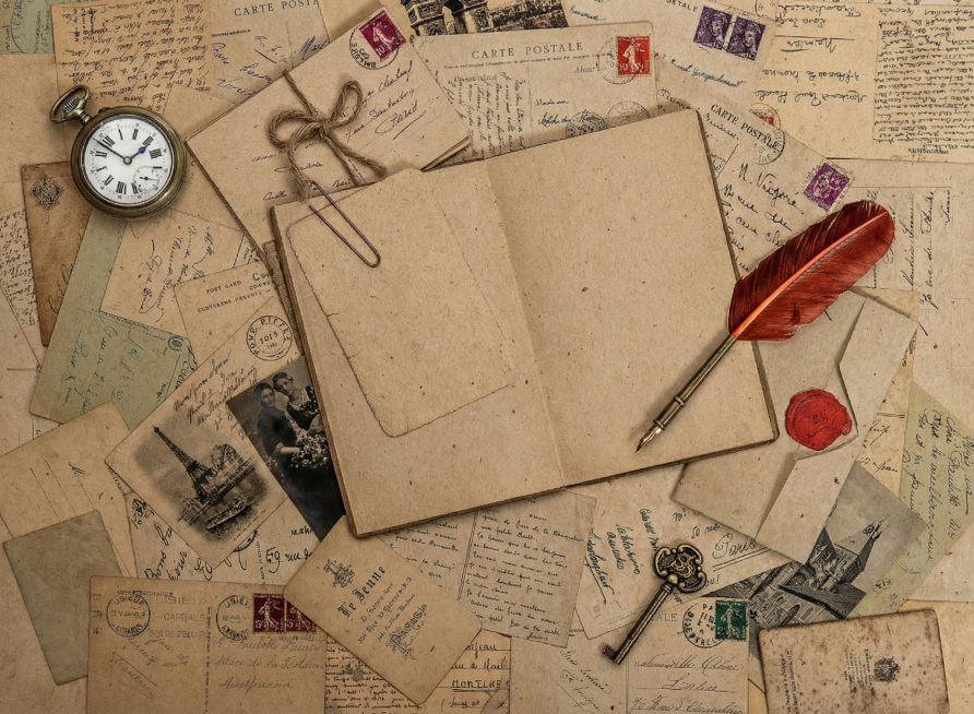 生成一张类似参考图1的图片，将图中的纸和明信片全部换成和参考图2类似的材质预览效果