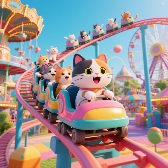 3D卡通风格，可爱的三花猫咪作为主角，在色彩鲜艳明亮的游乐场中，和一群不同颜色的猫咪们一起乘坐过山车，过山车轨道蜿蜒曲折，背景有旋转木马和摩天轮，猫咪们表情兴奋，画面充满欢乐氛围，高饱和度色彩，细节丰预览效果