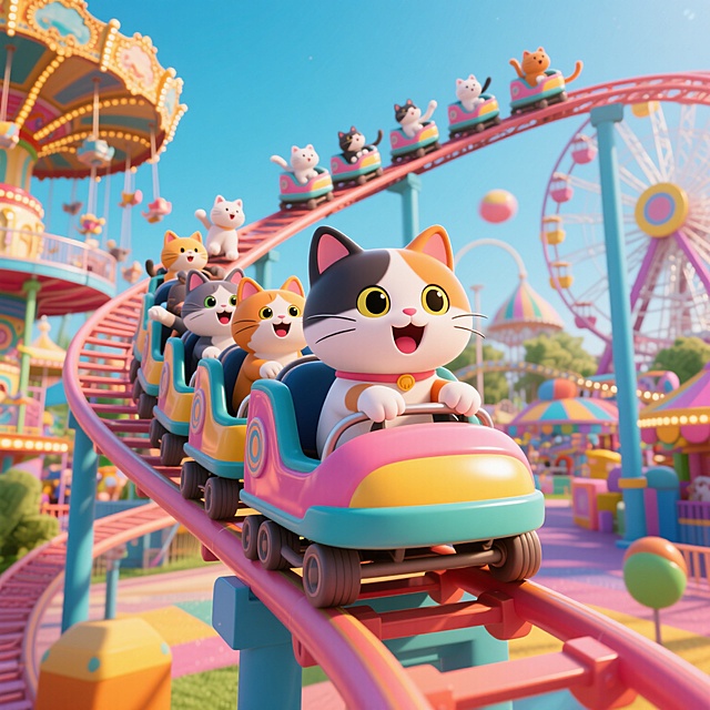 3D卡通风格，可爱的三花猫咪作为主角，在色彩鲜艳明亮的游乐场中，和一群不同颜色的猫咪们一起乘坐过山车，过山车轨道蜿蜒曲折，背景有旋转木马和摩天轮，猫咪们表情兴奋，画面充满欢乐氛围，高饱和度色彩，细节丰富，光线明亮