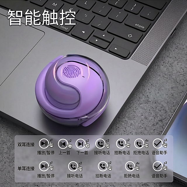 将图上的英文全部替换成中文，保持字体、排版和颜色不变，原英文Smart touch control改为智能触控；Binaural Connection改为双耳连接；Monaural Connection改为单耳连接；Play Pause改为播放/暂停；Previous songs改为上一首；Nxt songs改为下一首；Answer the phone改为接听电话；Hang up the phone改为挂断电话；Reject the call→拒接电话；voice assistant改为语音助手