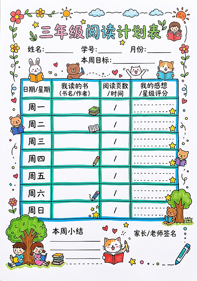 小学三年级学生阅读记录册内页阅读计划表，白底马克笔手绘风格，留出表格方便填写每日阅读信息，画面简单