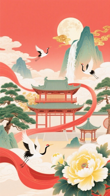 一座中式建筑在画面中心，松树，黄色或白色的牡丹穿插周围；红色绸缎环绕建筑，远处有黄山，明月，瀑布从祥云穿插处倾泄而下，云海，中式庭院穿插在云海中，亭子；两只仙鹤飞舞；整体红色调氛围，形成一幅壮丽的山水预览效果