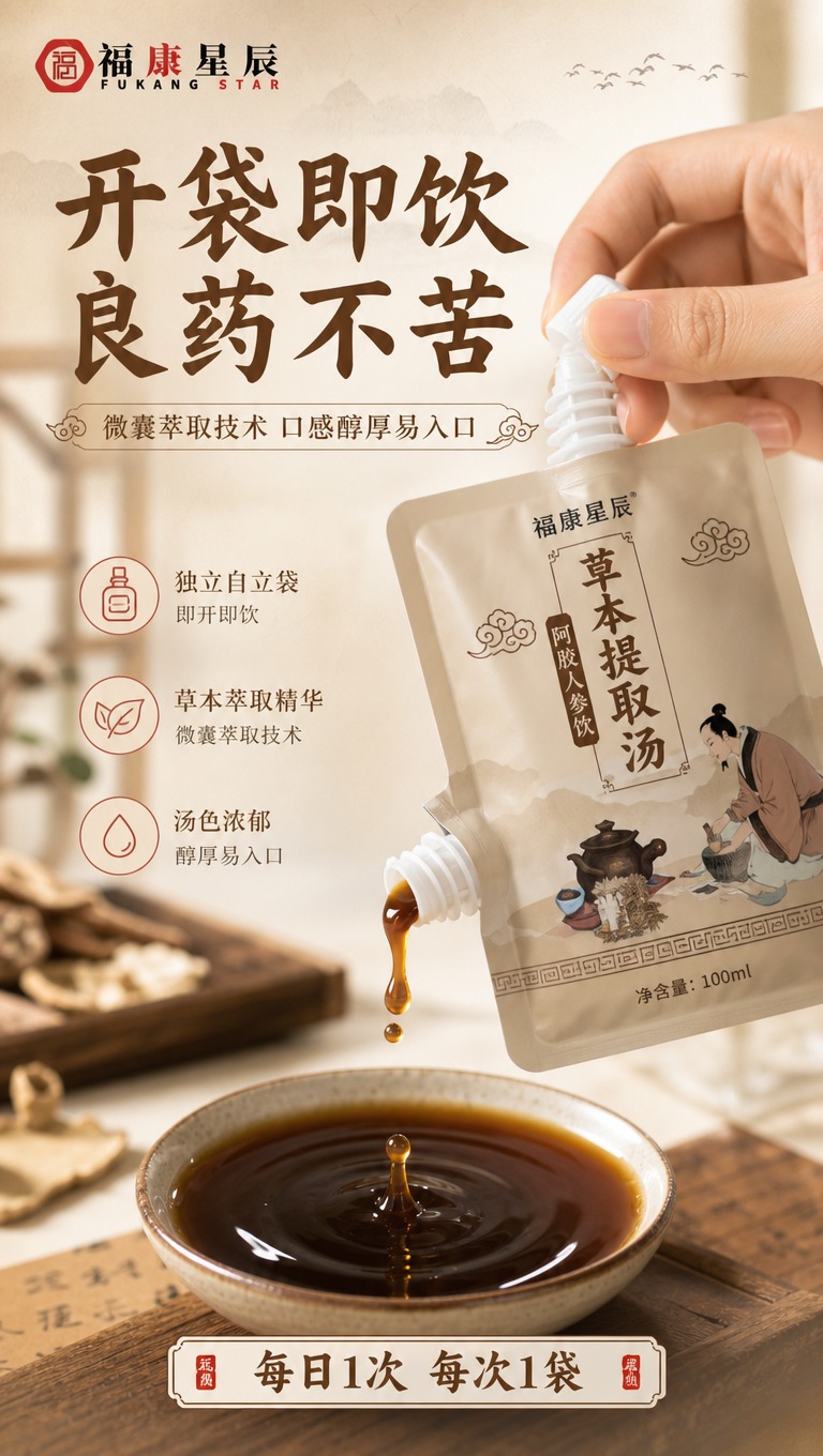[商品] 使用【图1】福康星辰阿胶人参饮自立袋，保留包装结构、… - 图片创意预览