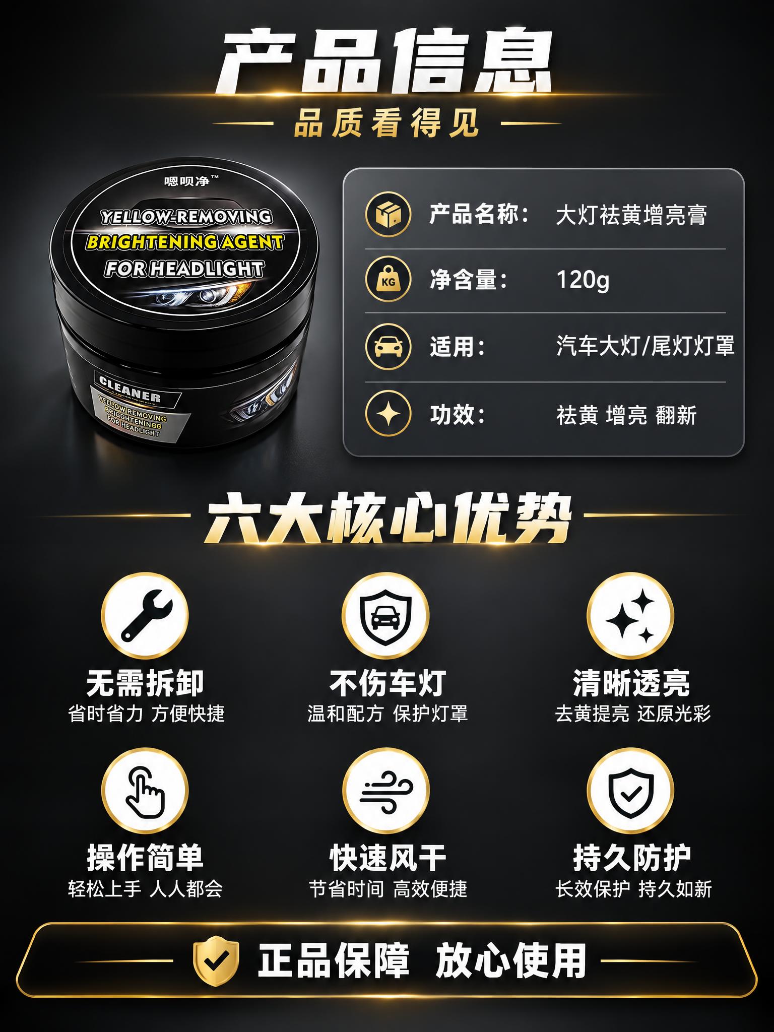 [商品] 使用【图1】嗯呗净大灯祛黄增亮膏，120g黑色罐体；… - 图片创意预览