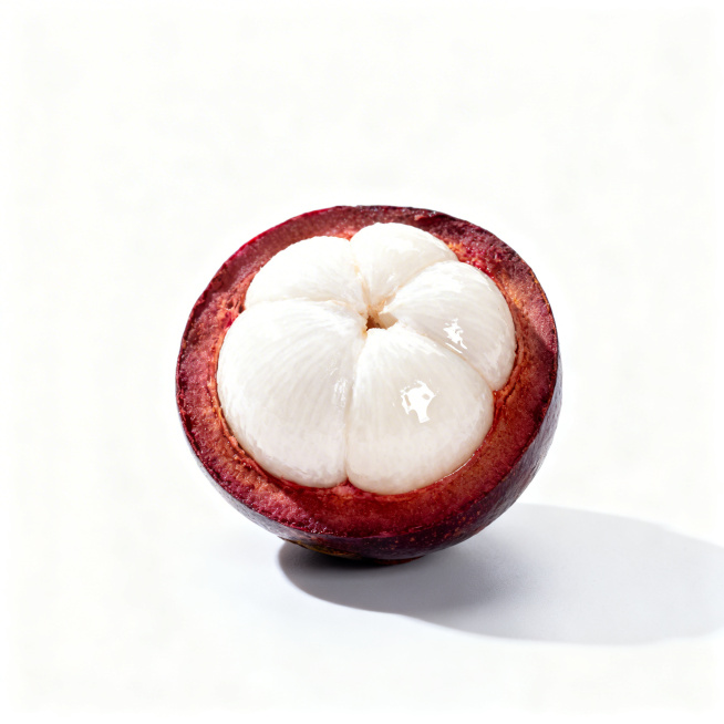 泰国进口山竹商品主图，纯白背景，对半切开的山竹展示雪白饱满果肉，居中展示，光影清晰，适合电商销售，突出果肉清甜预览效果