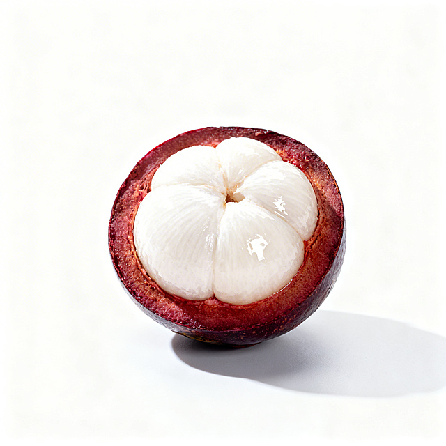 泰国进口山竹商品主图，纯白背景，对半切开的山竹展示雪白饱满果肉，居中展示，光影清晰，适合电商销售，突出果肉清甜