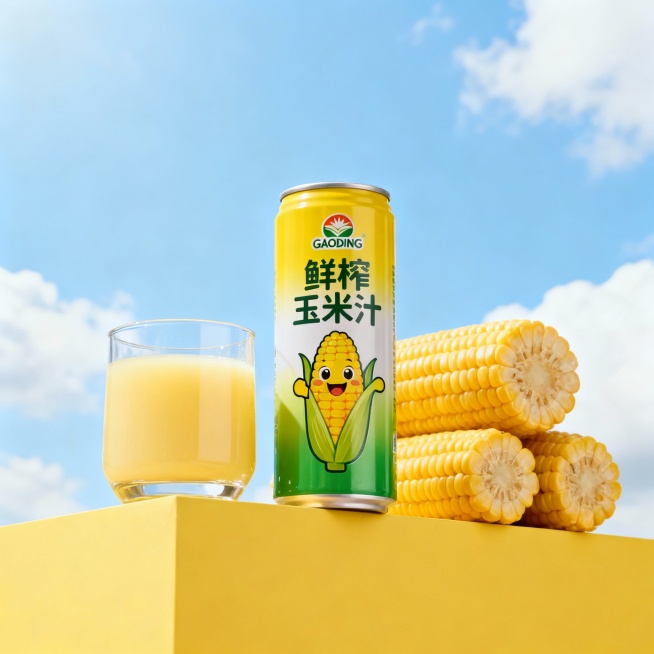 商业产品广告摄影，低角度轻微仰视视角，一罐鲜榨玉米汁饮料易拉罐包装放置在黄色展台上；包装主色调为黄绿渐变，印有logo"GAODING"和“鲜榨玉米汁”文字及卡通玉米形象；易拉罐包装左侧旁摆放一杯盛有预览效果