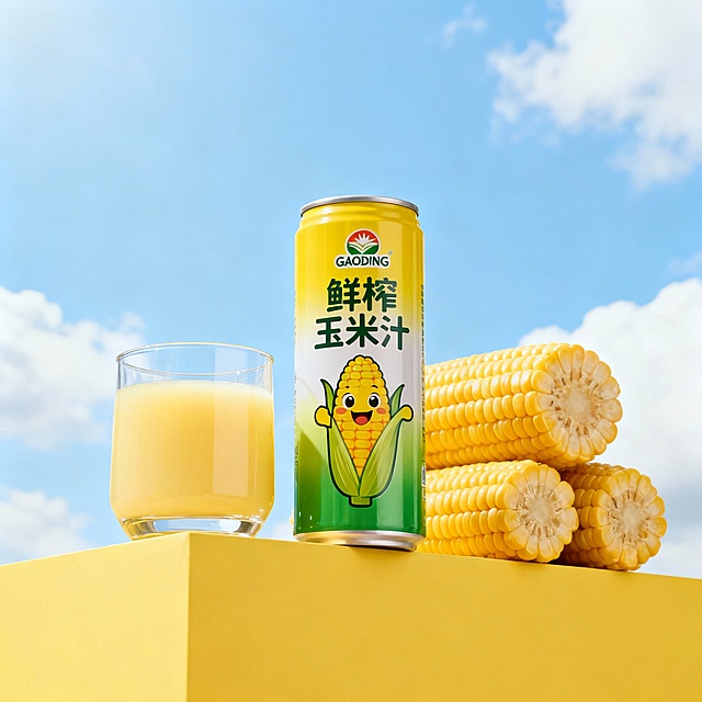 商业产品广告摄影，低角度轻微仰视视角，一罐鲜榨玉米汁饮料易拉罐包装放置在黄色展台上；包装主色调为黄绿渐变，印有logo"GAODING"和“鲜榨玉米汁”文字及卡通玉米形象；易拉罐包装左侧旁摆放一杯盛有淡黄色玉米汁的透明玻璃杯，易拉罐包装右侧后面搭配堆叠的新鲜甜玉米；背景明亮的蓝天白云，整体画面清新明亮简约，色彩饱和柔和，光线自然通透，突出产品健康新鲜质感，细节清晰锐利，高清 8K，商业广告级质感。
