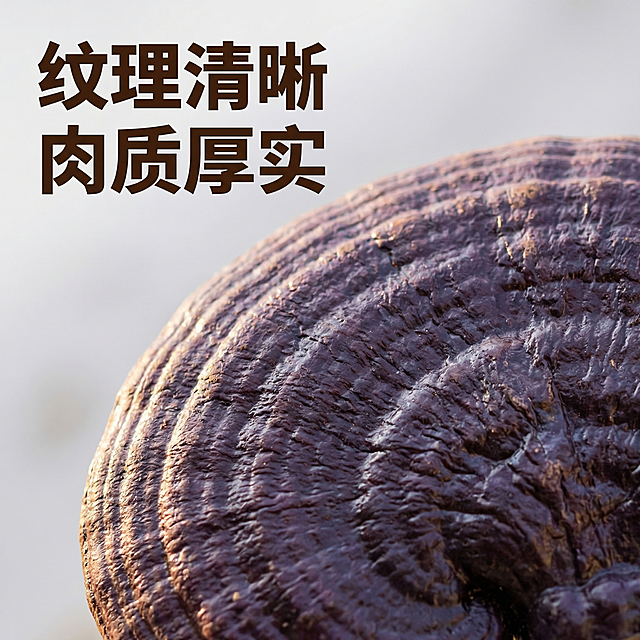 [主图 3] 长白山紫灵芝细节特写
[氛围/风格] 质感突出，微距细节清晰，自然温润光影
[画面元素] 保持原图紫灵芝材质特征不变，微距放大展示紫灵芝表面纹理，突出紫灵芝厚实饱满的质地，背景做虚化处理，突出纹理细节，整体画面干净专业，无边框展示
[配色色系] 主色调：紫灵芝深紫褐色、背景浅灰色；辅助色：木质棕色
[视角构图] 微距特写视角，浅景深突出纹理
[文字版式] 主标题“纹理清晰 肉质厚实”大字粗体深褐色，左上角排版，文字不遮挡核心纹理区域，简洁直观，无多余信息干扰
[比例分辨率] 1:1 比例，2k 分辨率