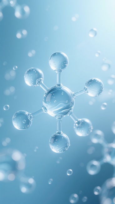 超写实3D渲染的水分子结构背景，透明玻璃质感的球体通过纤细连接链形成分子模型，表面有细微水珠和内部液体流动纹理，整体笼罩在柔和的浅蓝色调中，光线从上方柔和投射形成清晰的高光与渐变阴影，背景虚化处理呈现朦胧的光晕和流动感，无数微小气泡悬浮在空间中，营造出纯净、科技、梦幻且具有深度的视觉效果，画面整体通透洁净，细节丰富，光影层次分明，适合作为背景使用。预览效果