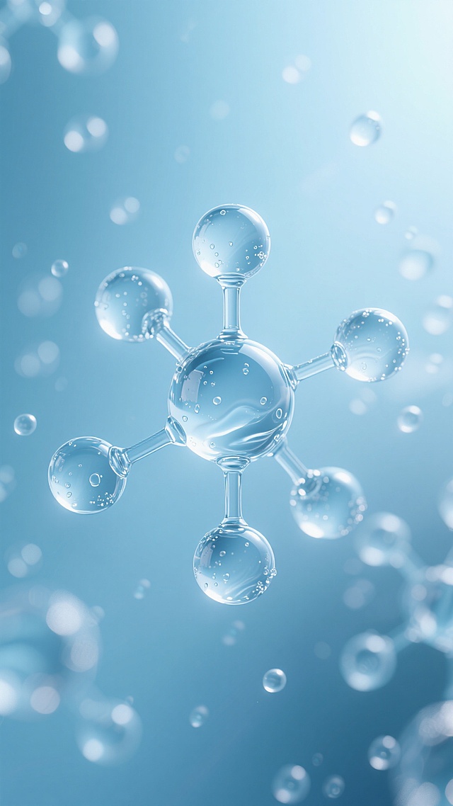 超写实3D渲染的水分子结构背景，透明玻璃质感的球体通过纤细连接链形成分子模型，表面有细微水珠和内部液体流动纹理，整体笼罩在柔和的浅蓝色调中，光线从上方柔和投射形成清晰的高光与渐变阴影，背景虚化处理呈现朦胧的光晕和流动感，无数微小气泡悬浮在空间中，营造出纯净、科技、梦幻且具有深度的视觉效果，画面整体通透洁净，细节丰富，光影层次分明，适合作为背景使用。