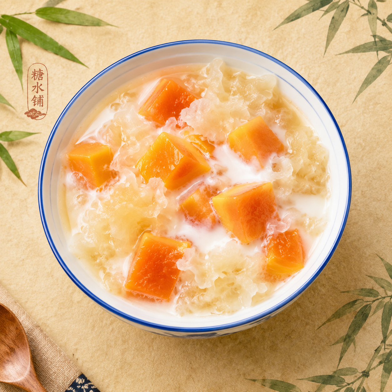 一碗精致的中式糖水甜品——银耳羹木瓜炖奶，晶莹剔透的银耳羹搭配… - 图片创意预览