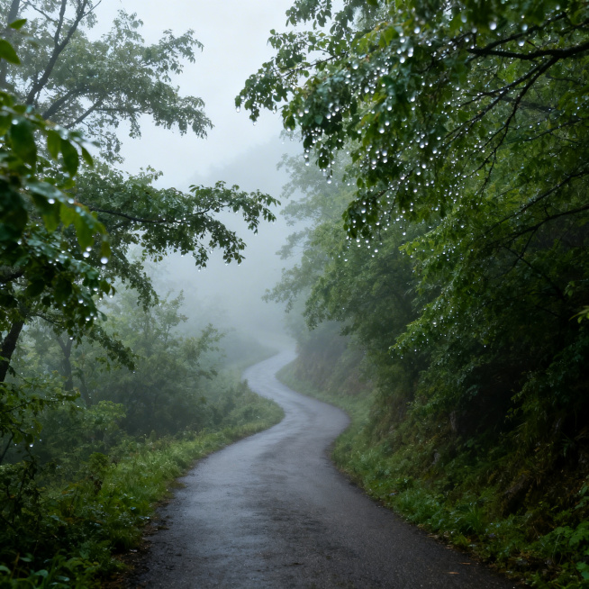 写实风景，山间云雾小路，雾中蜿蜒山路，两旁绿树，远处看不见尽头，神秘幽静预览效果