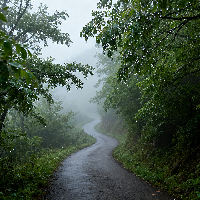 写实风景，山间云雾小路，雾中蜿蜒山路，两旁绿树，远处看不见尽头，神秘幽静