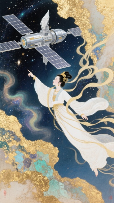 嫦娥仙子腾空抬手，目光所至是一个现代太空空间站，背景是星空预览效果