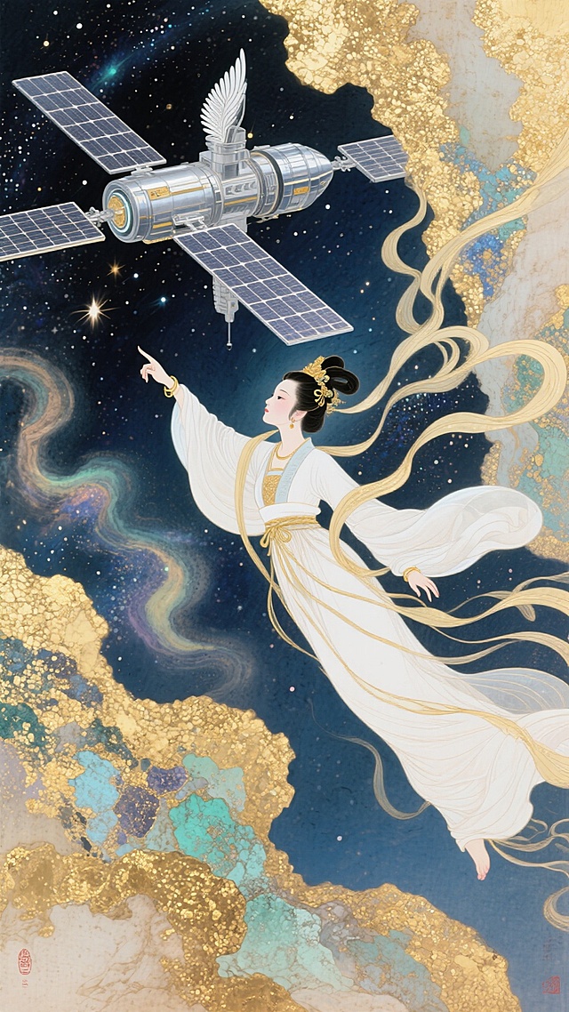 嫦娥仙子腾空抬手，目光所至是一个现代太空空间站，背景是星空