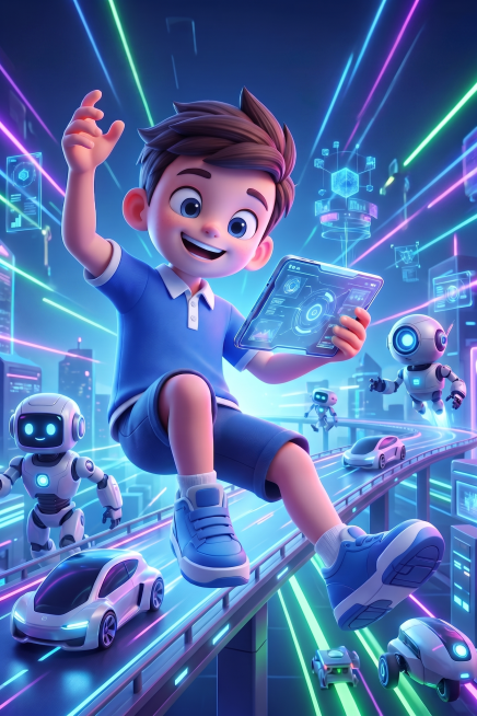 移除背景中的无人机，保留科技感炫酷的元宇宙空间背景，保留机器人、无人车画面，保持学生形象：去掉书包，手上拿平板电脑，蓝色POLO衫配白领子，蓝色短裤，保留原卡通小男孩3D风格预览效果