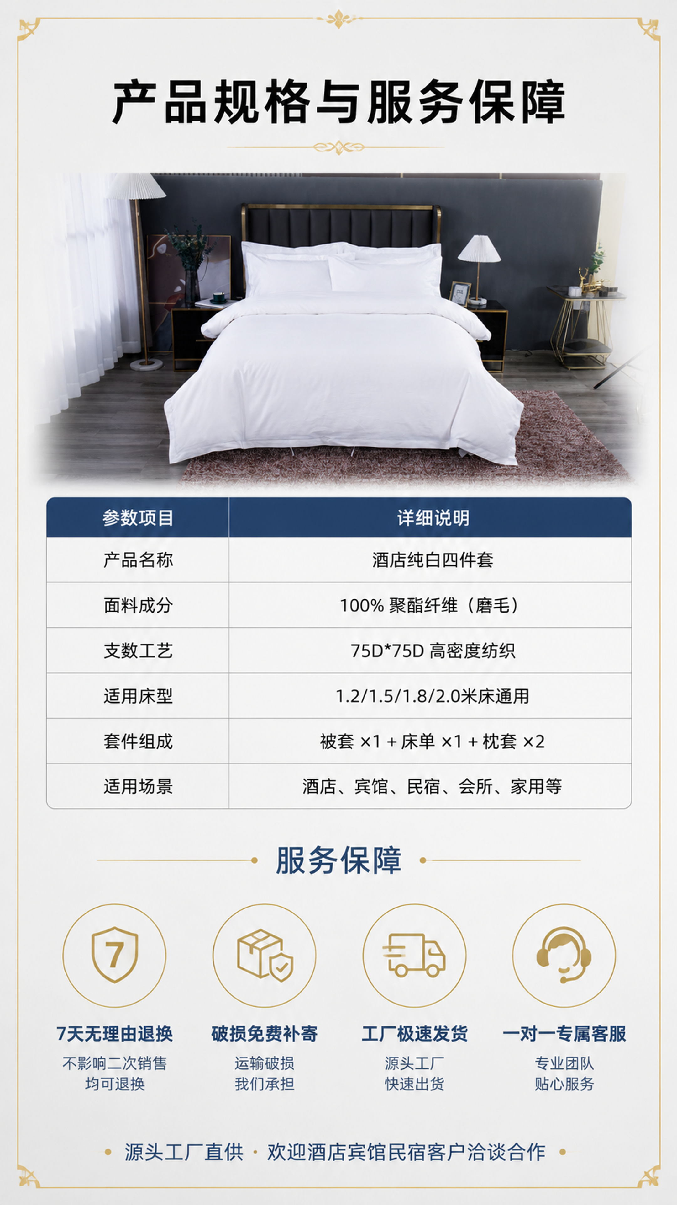 [第8屏] 规格参数与服务保障页 - 酒店纯白四件套尺寸规格表… - 图片创意预览