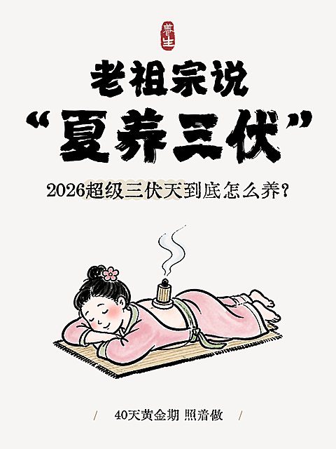 三伏天养生调理攻略健康人物艾灸新中式插画风小红书封面