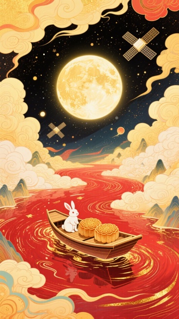 梦幻奇幻风格插画，全景，小船（漂浮在红金色河流上，船上有玉兔和两个月饼 ）居画底部，星空漩涡从小船向四周扩散成漩涡状星空（红金色交织） ，中央巨大的发光满月，卫星，超现实的星空河流世界，梦幻感，色彩以预览效果