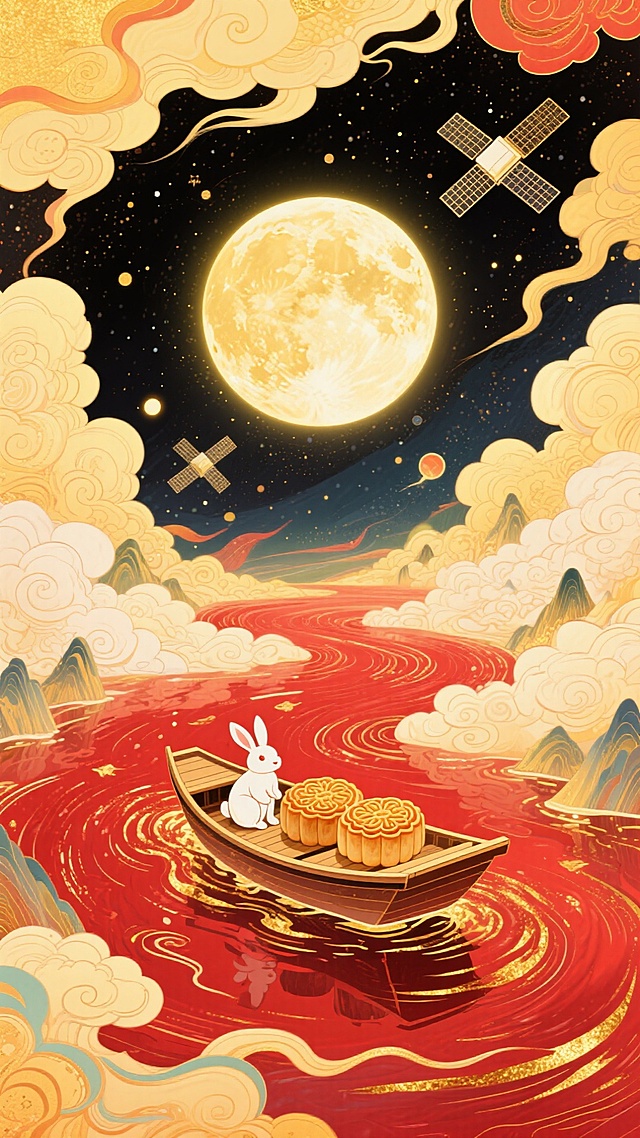 梦幻奇幻风格插画，全景，小船（漂浮在红金色河流上，船上有玉兔和两个月饼 ）居画底部，星空漩涡从小船向四周扩散成漩涡状星空（红金色交织） ，中央巨大的发光满月，卫星，超现实的星空河流世界，梦幻感，色彩以深邃红、暖黄为主，搭配金色点缀