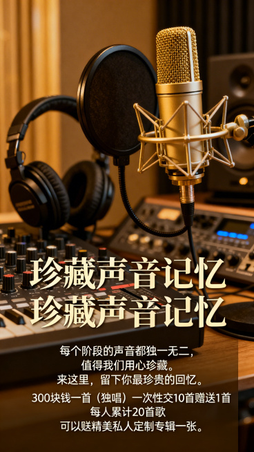 专业录音棚宣传海报，风格高级有质感，暖色调氛围感，背景有专业录音设备、麦克风、监听耳机等元素，画面清晰醒目，文字内容为：“每个阶段的声音都独一无二，值得我们用心珍藏。来这里，留下你最珍贵的回忆。300预览效果