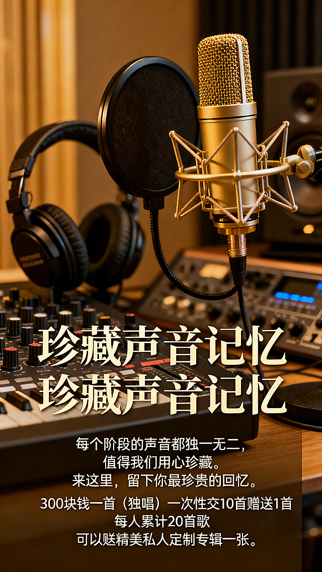 专业录音棚宣传海报，风格高级有质感，暖色调氛围感，背景有专业录音设备、麦克风、监听耳机等元素，画面清晰醒目，文字内容为：“每个阶段的声音都独一无二，值得我们用心珍藏。来这里，留下你最珍贵的回忆。300块钱一首（独唱），一次性交10首赠送1首，每人累计20首歌可以赠送精美私人定制专辑一张”，文字排版美观协调，适合线下宣传使用