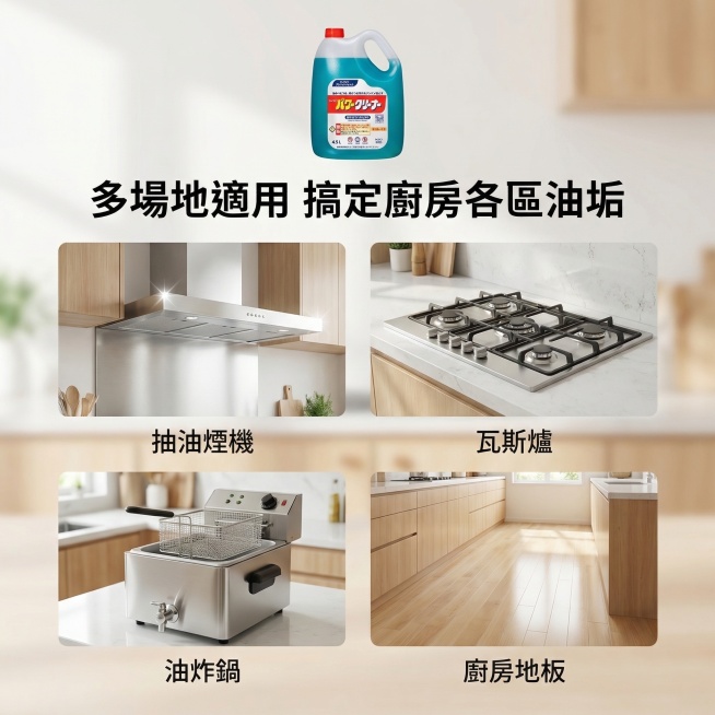 KAO花王厨房去油清洁剂适用场景主图，氛围风格为舒适简约家居明亮风。画面元素：四宫格场景宫格布局，分别展示抽油烟机、瓦斯炉、油炸锅、厨房地板四个清洁场景，产品放置在画面顶部居中位置，全屏无边框，产品外预览效果