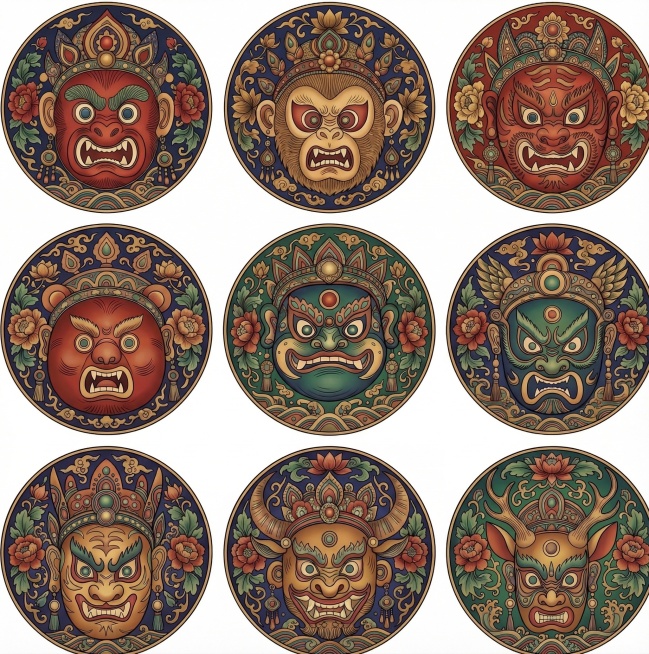 保留这张傩面具线稿的所有轮廓线条不做改变，使用参考图片中的传统非遗纹样配色方案为线稿上色，使用传统国潮配色，色彩丰富浓郁，保持非遗文化风格预览效果