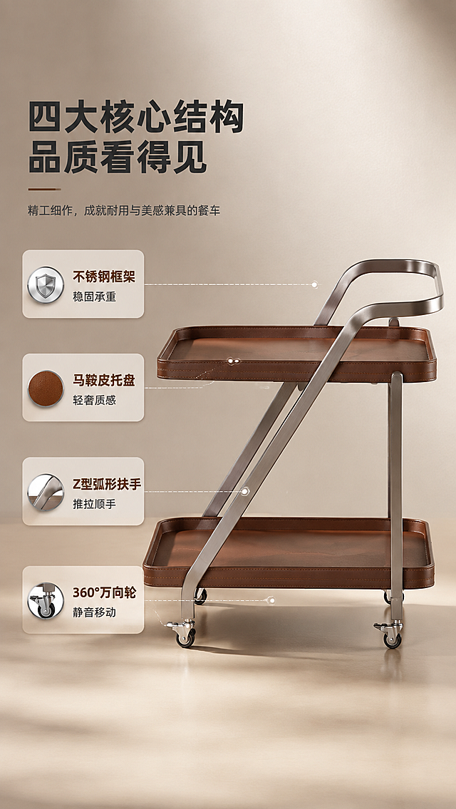 [商品] 使用【图1】左侧DS-066A深咖色餐车；保留双层Z型结构、不锈钢金属支架、马鞍皮深棕托盘、弧形扶手、360°滑轮底座完整结构；商品处理：保留产品原貌与比例，增强金属光泽与皮质纹理。
[画面] 目标为结构解析页，引线标注四大核心部件；左文右图构图，左侧文字说明区，右侧产品全貌居中占画面60%，从产品四个关键部位引出细线标注；背景为浅暖灰渐变，简洁突出产品结构。
[视觉] 套系策略：风格=现代轻奢家居商业摄影；标题字=思源黑体粗体；正文字=思源黑体常规；主色=暖咖棕；背景延展=基于暖咖棕做深浅层级、同色渐变和细腻哑光墙面/织物质感；强调色=金属银，仅用于小面积图标、引线和标签；标题色=深炭灰；正文色=中暖灰；组件=圆角浅底信息卡、细线引线、金属质感图标；光影=左前侧暖柔光，右侧补光，金属部位有自然高光反射。
[文字] 左上主标题「四大核心结构 品质看得见」，引线标注分别为「不锈钢框架 稳固承重」「马鞍皮托盘 轻奢质感」「Z型弧形扶手 推拉顺手」「360°万向轮 静音移动」；所有文字横向排版，引线文字清晰不遮挡主体。
[规格] 图片比例9:16竖版，4K分辨率，负向提示：避免变形、错字、文字过小、冷蓝背景、产品颜色改变、结构失真、出现平台Logo水印。