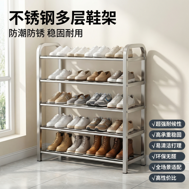 [主图 1] 
[主图主题] 不锈钢多层鞋架入户玄关场景展示
[氛围/风格] 极简百搭，干净明亮的自然光，高级质感
[画面元素] 五层不锈钢鞋架放置在入户玄关墙角，浅灰色瓷砖地面，米白色墙面，鞋架上整预览效果