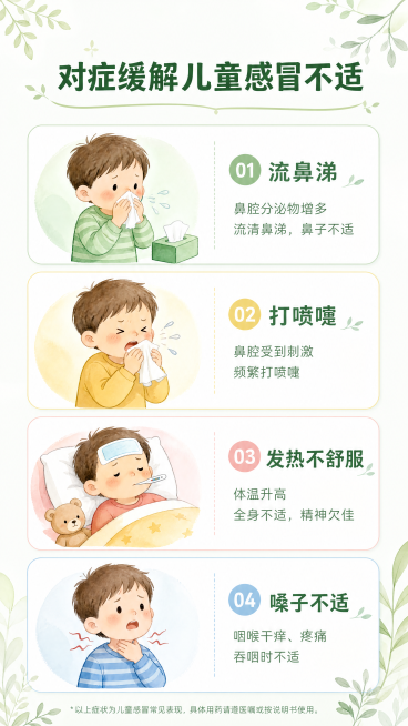 [第3屏] 症状场景区，插画表现儿童感冒常见场景-999小儿氨酚黄那敏颗粒。参考【图2】的插画表现形式。
[氛围/风格] 柔和水彩插画风格，温馨浅绿背景，卡通清新，不刻意夸张，温和治愈。
[元素布局]预览效果