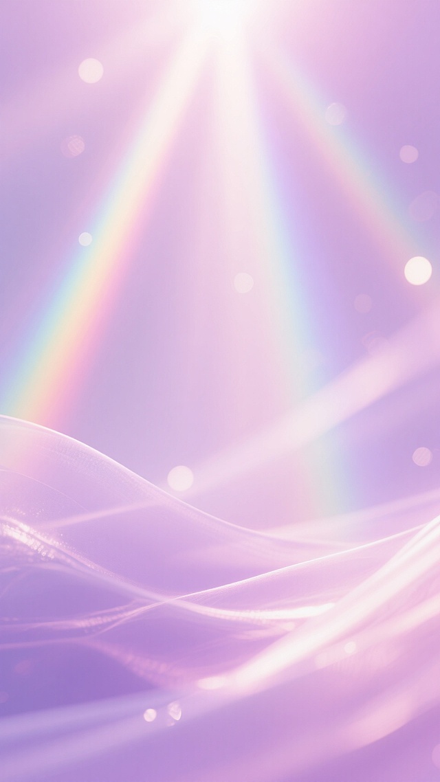 梦幻紫色渐变背景，柔和的粉紫色为主色调，带有彩虹般的光晕效果，光线从顶部中央散射开来，形成明亮的光束和微妙的光斑，整体画面呈现出透明、轻盈的质感，光影交错营造出宁静而神秘的氛围，色彩过渡自然平滑，没有明显的实体物体，只有流动的光与色的交融。