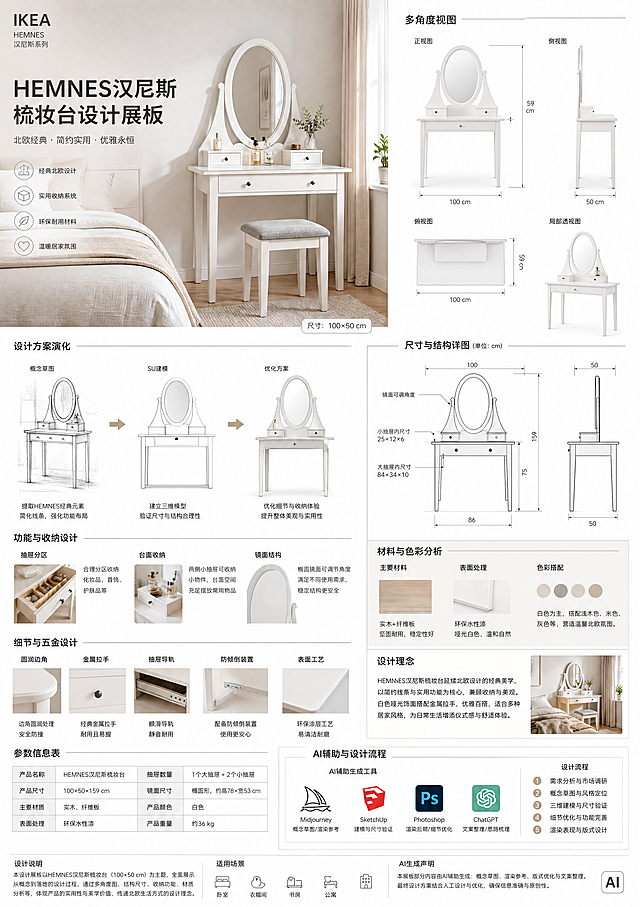 HEMNES汉尼斯梳妆台，白色，尺寸100x50厘米，A2尺寸设计展板，包含家具效果图、多角度视图、风格化设计方案结合手绘和SU建模优化，完善尺寸、功能、细节设计；展板整合设计成果、设计理念、参数说明、风格解析，标注AI生成工具及设计思路，排版美观、信息完整，分辨率300DPI高清，JPG格式
