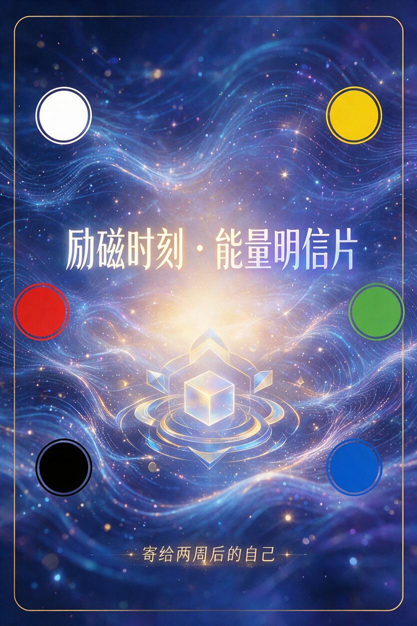 一张明信片正面设计图，主题为「励磁时刻 · 能量明信片」，主视… - 图片创意预览