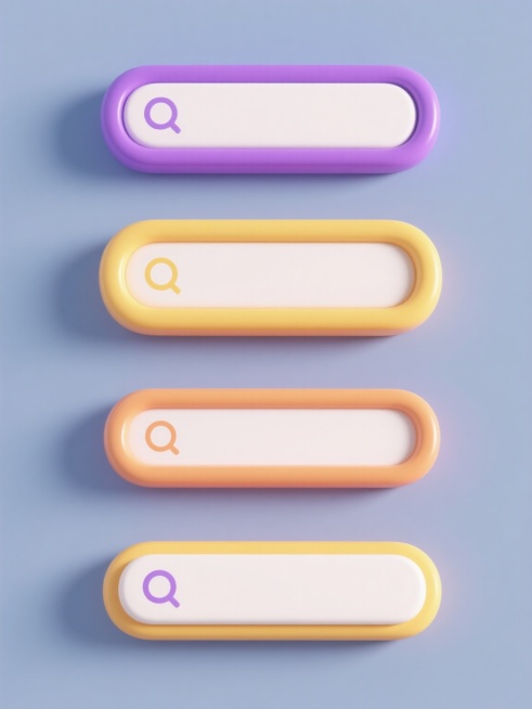 6个规整排布的3D风格搜索框素材，保持简约现代设计感，每个搜索框采用不同样式设计，延续原图柔和的圆角矩形主体、鲜明的色彩对比（紫色、黄色等）、光滑的塑料质感和轻微的立体阴影效果，统一使用纯色背景，无任何文字、logo及水印。预览效果