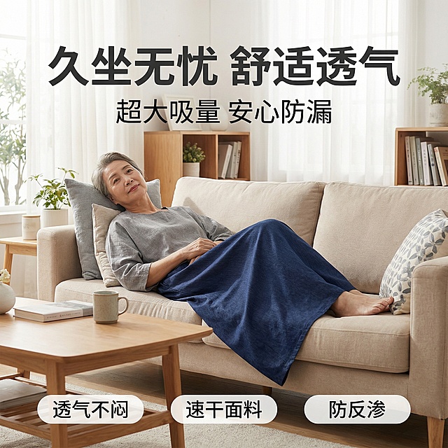 [垫图]用户提供的藏青色老年人防漏隔尿裙
[主图主题]老年人防漏隔尿裙主图3 老奶奶沙发休息场景
[氛围/风格]舒适居家风格，柔和自然光，慵懒放松氛围感
[画面元素]藏青色隔尿裙为核心产品，70岁亚洲面孔老奶奶身着宽松家居服，舒适地靠坐在米色布艺沙发上，自然展示穿着隔尿裙的状态，产品外观与原图完全一致，无修改；背景为温馨客厅，米色布艺沙发柔软舒适，旁边有小茶几和柔软靠枕，光线柔和均匀，背景铺满全屏无边框
[配色色系]主色调：藏青色（产品）、米色（沙发）；辅助色：浅灰色（靠枕）、木色（茶几）、白色（墙面），整体配色柔和舒适
[视角构图]平视视角，人物和产品居中，景深适中，主体占比60%
[文字版式]主标题“久坐无忧 舒适透气”，副标题“超大吸量 安心防漏”，底部三个悬浮卖点标签“透气不闷”、“速干面料”、“防反渗”，字体为无衬线体，深灰色，文字放置在画面负空间，不遮挡产品和人物面部，无任何底框描边
[比例分辨率]1:1 比例，2k 分辨率