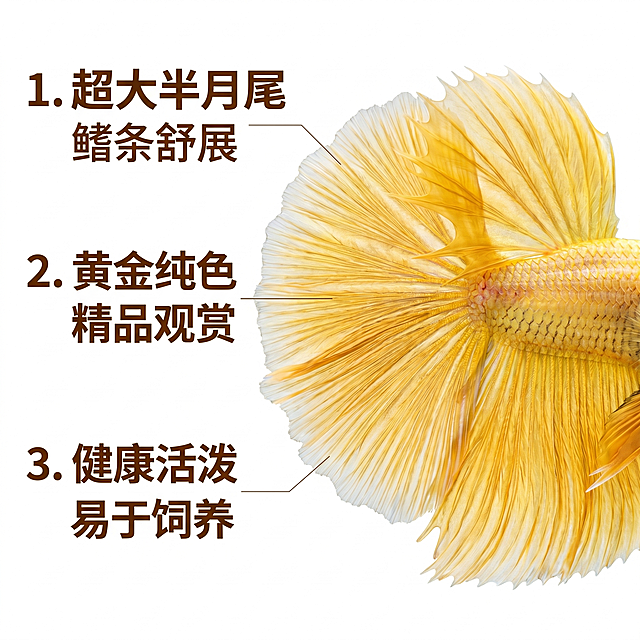 [主图 2] 泰国半月斗鱼核心亮点展示
[氛围风格] 干净专业商品展示，突出夸张尾部细节
[画质] 商业摄影质感，光线柔和通透，斗鱼细节清晰真实，画面干净高级
[元素] 聚焦展示黄金泰国半月斗鱼夸张的半月形大尾部，保持斗鱼整体轮廓，重点放大鱼尾部分，保持斗鱼外观、颜色材质与输入产品图完全一致，杜绝变形色差。纯白色背景，用极细引线引出标注鱼尾特征。商品主体占比70%，画面干净无边框
[光影] 正面均匀柔光照明，清晰展现鱼尾纱状纹理，鳞片光泽通透，纯白背景无多余阴影
[配色] 纯白背景，金色斗鱼，深棕色文字对比清晰
[视角构图] 水平平视特写视角，鱼尾为视觉中心，主体突出
[文字版式] 左侧用数字序号分点列出核心亮点，文字左对齐留安全边距：1.超大半月尾 鳍条舒展；2.黄金纯色 精品观赏；3.健康活泼 易于饲养。标题字体粗大，说明文字偏小，深棕色文字在纯白背景上对比强烈易读
[比例分辨率] 1:1比例，2k分辨率，文字清晰锐利，超高清
[负向提示词] 变形，水印，文字错乱，产品模糊，背景杂乱，有色差，遮挡主体