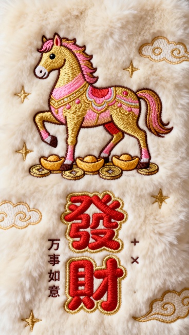 一幅以发财为主题的毛绒质感刺绣壁纸，整体采用米白色毛绒布料为背景，主体是一只色彩鲜艳的卡通风格金色骏马，并点缀金、粉色渐变装饰，马的脚下绣有元宝、铜钱等元素。下方是红色的“發財”二字，采用圆润可爱的字预览效果