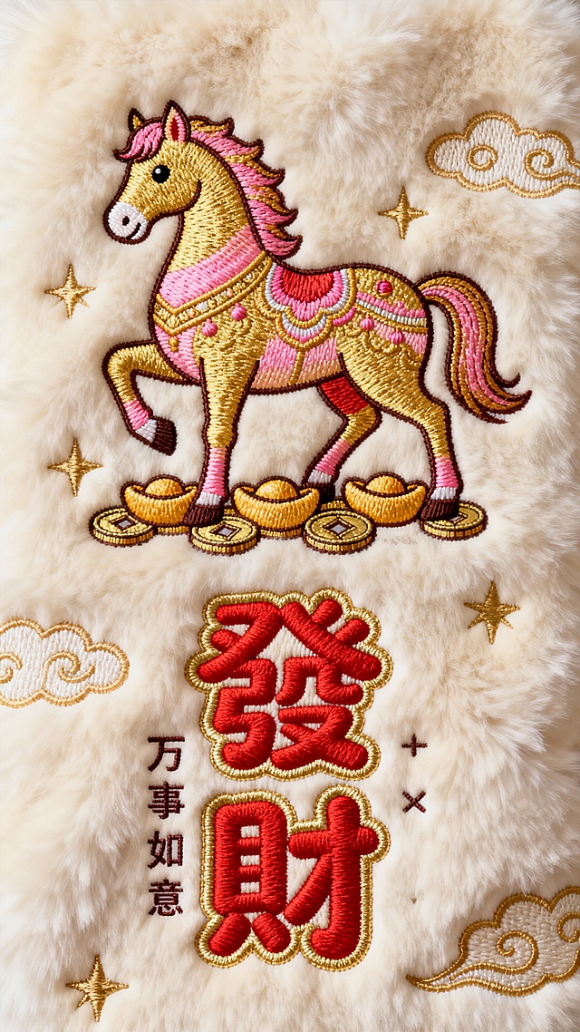 一幅以发财为主题的毛绒质感刺绣壁纸，整体采用米白色毛绒布料为背景，主体是一只色彩鲜艳的卡通风格金色骏马，并点缀金、粉色渐变装饰，马的脚下绣有元宝、铜钱等元素。下方是红色的“發財”二字，采用圆润可爱的字体，非书法体，边缘绣金色的轮廓线。文字周围小标题“万事如意”。点缀金色的祥云、星星等元素。