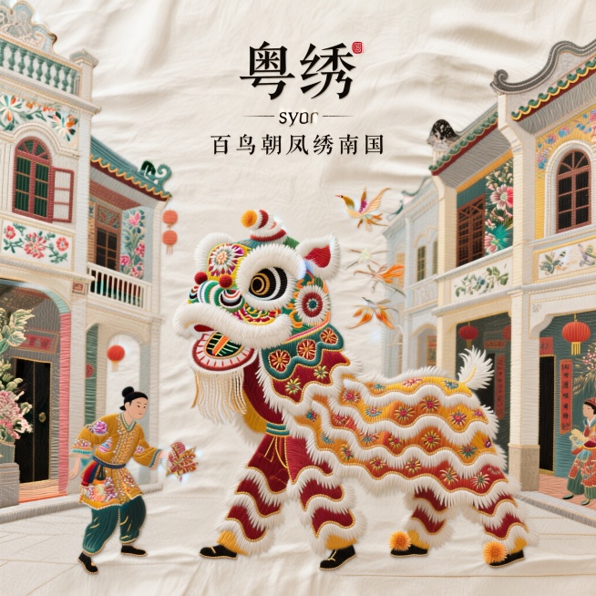 原创非遗粤绣刺绣插画，主体为岭南醒狮人物，搭配岭南传统纹样，古风骑楼场景，国风国潮新中式美学风格，版式松弛留白充足，只保留主标题"粤绣"和slogan"百鸟朝凤绣南国"，文字极简，不添加其他文字，整体预览效果