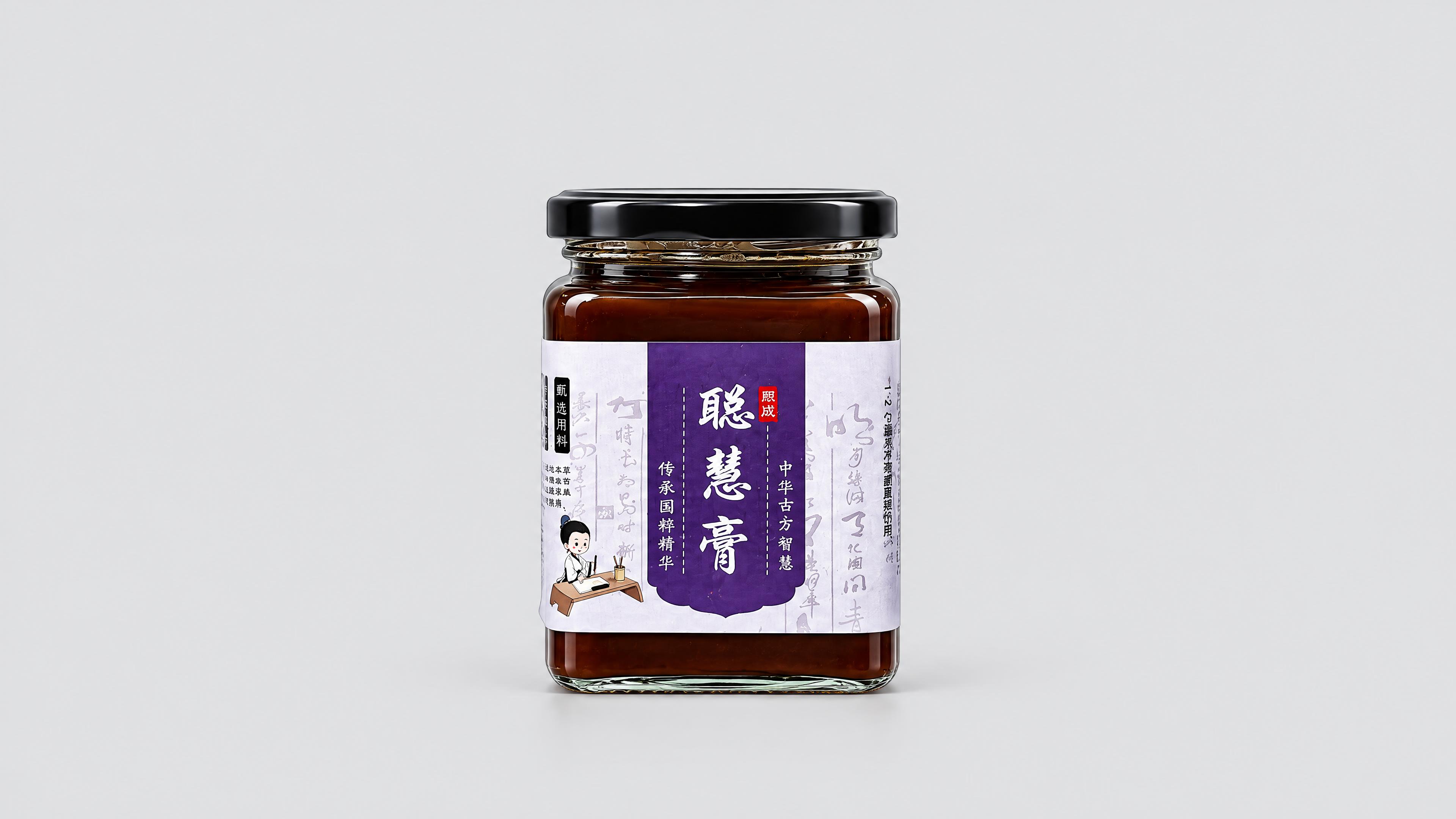 保留原图聪慧膏玻璃罐主体，产品外观、紫色标签、黑色瓶盖和文字布… - 图片创意预览
