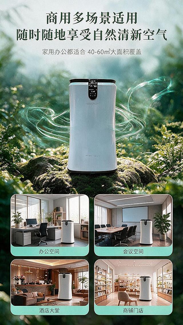 [商品] 使用【图1】robotron负氧离子机正面产品图；保留产品整体结构、颜色、Logo和材质质感。
[画面] 目标：多场景适用展示，覆盖家用与商用四大场景。构图：竖版9:16，产品居中偏上，占画面约35%，放置在苔藓岩石上（延续首图风格）；产品下方呈田字格排列4个场景小图，分别展示不同使用场景。背景：森林绿植虚化背景，薄荷青负氧离子光带环绕产品，延续生态自然风格。阅读动线：顶部标题→中部产品→下方四宫格场景。
[视觉] 套系策略：风格=森林生态自然风+科技感商业摄影；标题字=大气宋体粗体；正文字=现代无衬线体；主色=深森林绿+薄荷青+米白；背景延展=森林绿植虚化+朦胧雾气+薄荷青光带；强调色=薄荷青荧光绿，用于光带和场景标签；标题色=深森林绿；正文色=深灰绿；组件=圆角场景图卡片、底部场景名称标签；光影=柔和自然光，产品清晰突出。
[文字] 顶部主标题两行"商用多场景适用""随时随地享受自然清新空气"；副标题小字"家用办公都适合 40-60㎡大面积覆盖"；下方四宫格场景图，每格底部配文字标签：左上"办公空间"、右上"会议空间"、左下"酒店大堂"、右下"商铺门店"；文字均为横排，手机端可读。
[规格] 图片比例9:16竖版，分辨率1K，淘宝/天猫详情页风格，避免变形、错字、文字过小、产品结构失真、场景图比例失调。