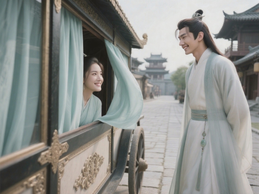 路边站着一位英俊帅气的古代公子，身着飘逸长衫，腰间系玉佩。一辆装饰雅致的马车缓缓驶过，车窗的淡青色窗帘被轻轻掀开一角，露出车内女子的半张脸庞，眉眼弯弯，唇角带着温柔浅笑，眼神清澈动人。公子目光被吸引，预览效果