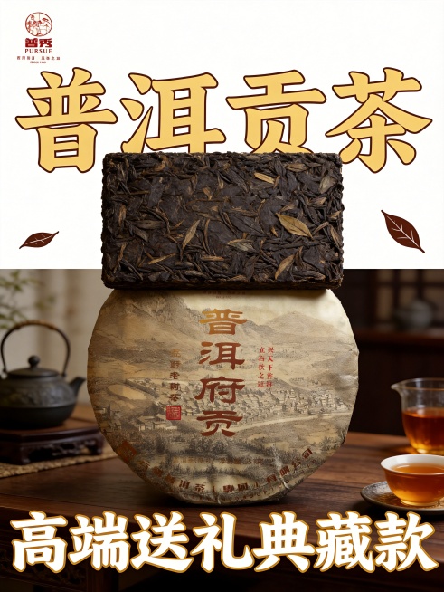 参考图1展示普洱熟茶饼，带有熟茶汤色调性，高端送礼风格，展示熟茶砖，整体高级稳重，氛围感满满
主标题："普洱贡茶"。
副标题："高端送礼典藏款"。
叠压构图。
顶部区域：仅放置主标题【普洱贡茶】，熟茶预览效果