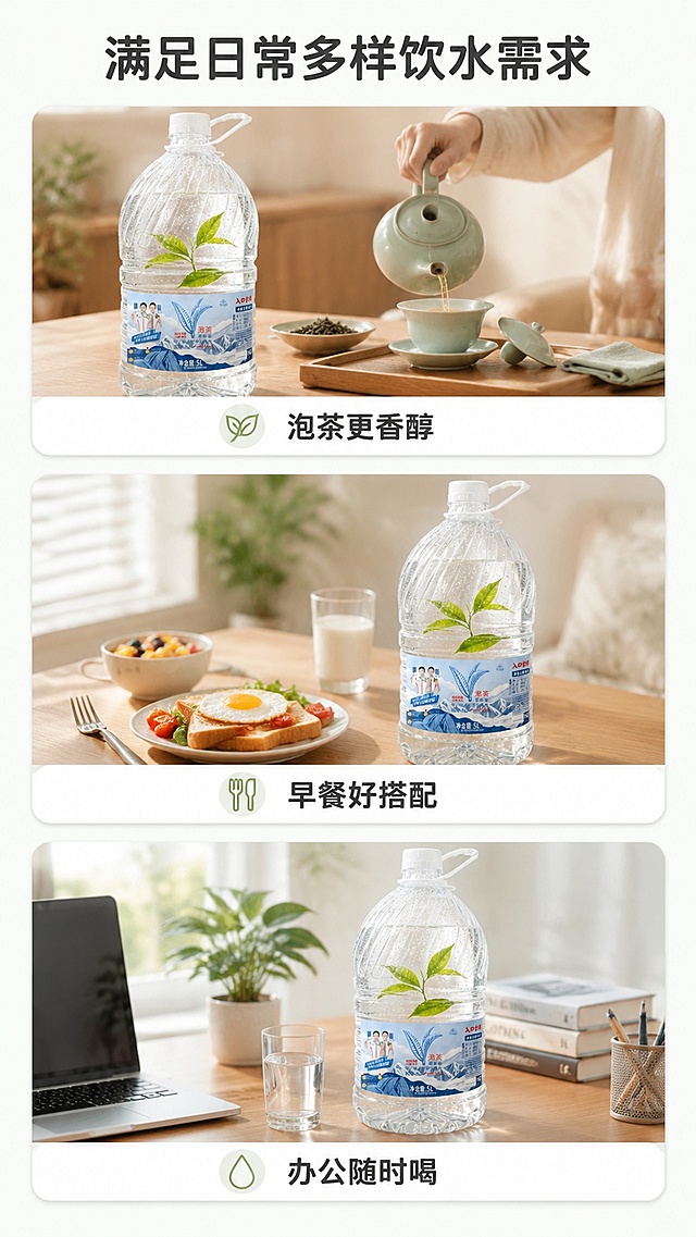 [第6屏] 日常饮用场景展示-雪沁冰源矿泉水多场景使用。本屏使用【图1】作为产品展示。
[氛围/风格] 生活化温馨氛围，自然舒适家居感，真实场景摄影质感。
[元素布局] 分三个场景卡片竖向排列：家庭泡茶、早餐搭配、桌面补水，每个场景都包含产品图【图1】和场景环境；产品在每个场景中都清晰露出包装，场景占比约70%，文字说明在每个卡片下方。
[光影质感] 每个场景都采用柔和自然光，整体明亮温馨，产品清晰突出。
[配色色系] 全局底色 #F8FBF8；主色浅木色桌面、米白墙面；辅助色深灰色文字、绿色餐具点缀。
[视角构图] 三格竖拼布局，每个场景一格，从上到下阅读。
[文字版式] 顶部主标题「满足日常多样饮水需求」，每个场景下方配短句说明：「泡茶更香醇」「早餐好搭配」「办公随时喝」，字体保持圆角黑体，字色统一深灰，卡片圆角设计简洁干净。
[比例分辨率] 9:16 竖版比例，4K分辨率，文字清晰可辨，高清画质。
[负向提示词] 产品变形，场景杂乱，文字错乱，文字过小，包装模糊
