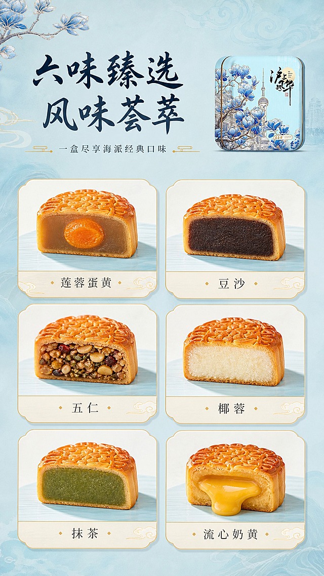 [商品] 使用【图1】老香斋沪上风华月饼礼盒，浅蓝色圆角铁盒包装，蓝色玉兰花与上海建筑插画，"沪上风华"字样，"老香斋"Logo；保留礼盒外观不变。
[画面] 详情页第3张·口味展示，目标呈现礼盒内多种口味月饼。上方标题区，下方为6宫格口味矩阵，每格展示一种口味月饼（莲蓉蛋黄、豆沙、五仁、椰蓉、抹茶、流心奶黄），月饼切开露出内馅，每格下方标注口味名称；礼盒缩小置于顶部右侧，占画面10%。
[视觉] 套系策略：风格=国潮新中式高级商业摄影；标题字=书法体+宋体组合；正文字=简洁宋体；主色=浅天青蓝；背景延展=基于浅天青蓝做深浅层级、同色渐变和细腻宣纸/云雾质感；强调色=鎏金色，仅用于小面积图标、引线、标签和装饰线条；标题色=深墨蓝；正文色=中暖灰；组件=圆角浅底信息卡、细金线引线、中式云纹装饰；光影=左前侧暖柔光。
[文字] 顶部主标题"六味臻选 风味荟萃"，副标题"一盒尽享海派经典口味"，6宫格每格下方标注口味名称（横向），文字清晰不遮挡月饼主体。
[规格] 图片比例9:16竖版，2K分辨率，避免变形、错字、口味混乱、月饼颜色失真。