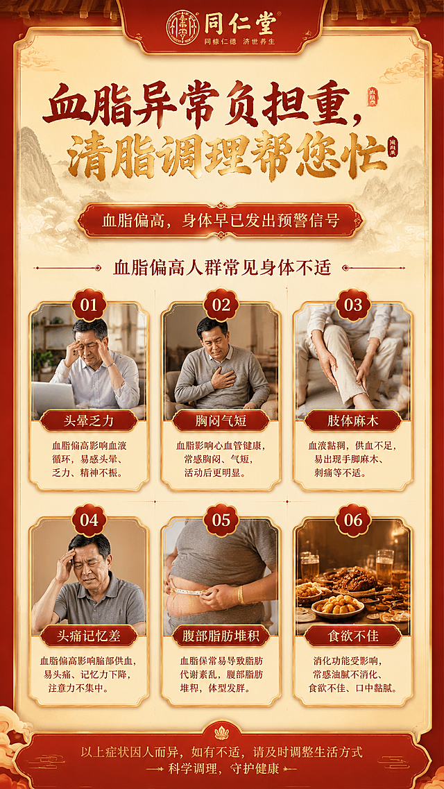 同仁堂清脂茶详情页第二页，主题展示血脂偏高人群痛点，红金国风设计，列举血脂偏高的常见身体不适场景，标题写"血脂异常负担重，清脂调理帮您忙"，整体排版参考https://1.jpg的逻辑，保持9:16竖版比例，传统养生风格，配色参考https://0.png的红黄色系。