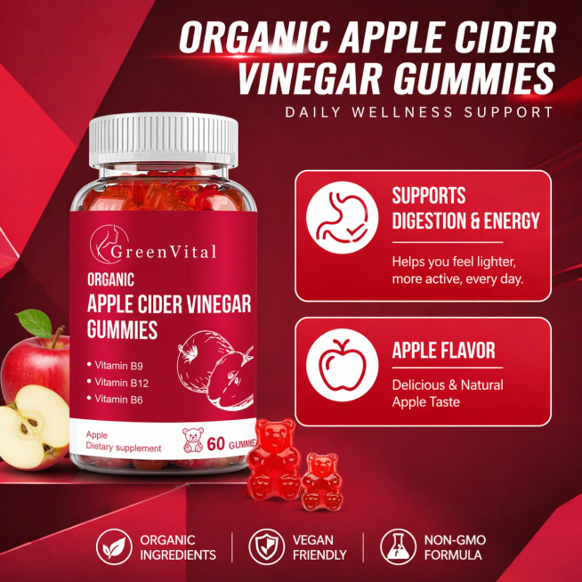 设计一款时尚潮流社交风的Organic Apple Cider Vinegar Gummies主图，保留原产品瓶身标签设计，将口味修改为Apple，替换原Peach文字，背景采用渐变暗红色搭配几何分割预览效果