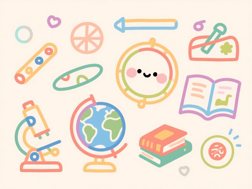 一张科教主题的简笔画，画面中包含简单的科学元素，比如地球仪、显微镜、书本等，线条简洁明快，色彩柔和，适合儿童学习认知预览效果